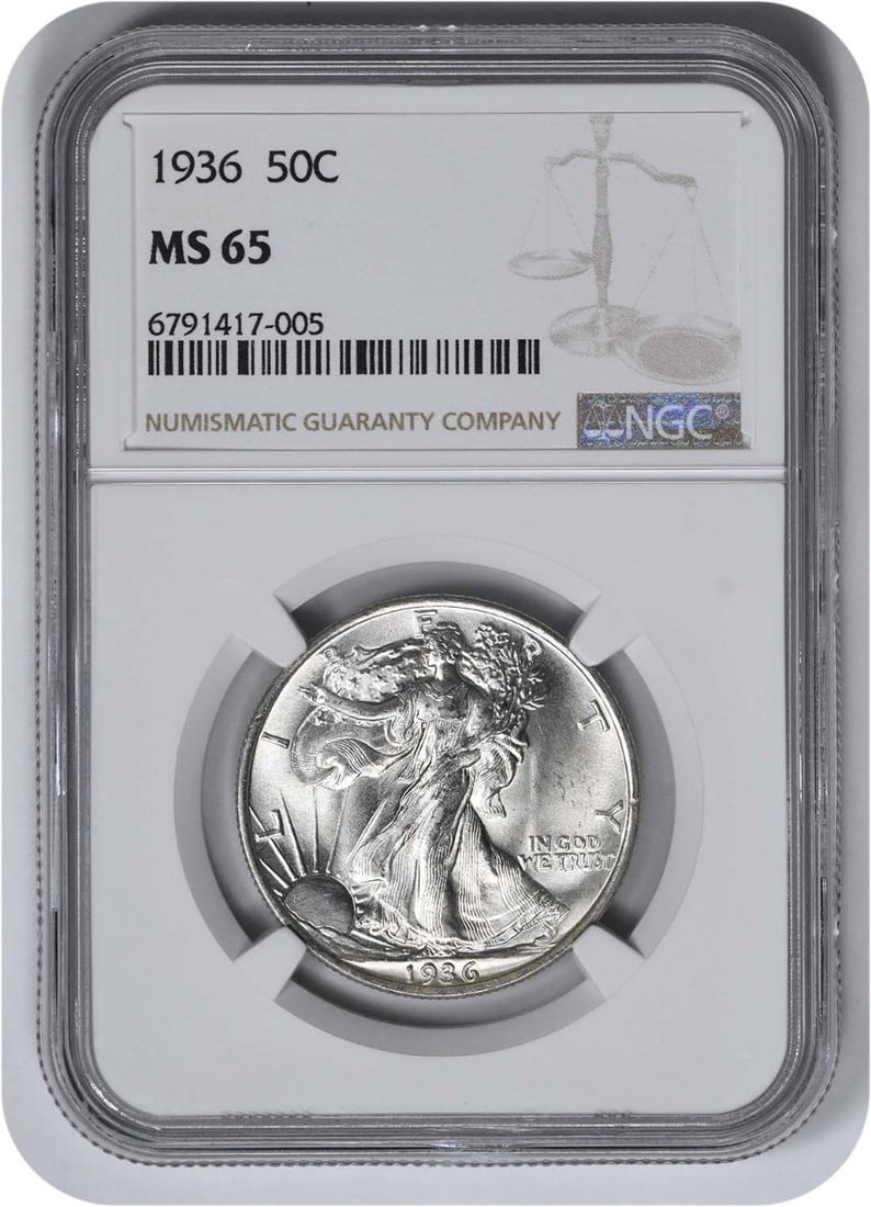 MS65 Walking Liberty Silver Half Dollar 1936: MS65 Walking Liberty Silver Half Dollar 1936 The 1936 Walking Liberty Silver Half Dollar, graded MS65 by the NGC, is a highly detailed and intricately designed coin. With its 90% silver composition an