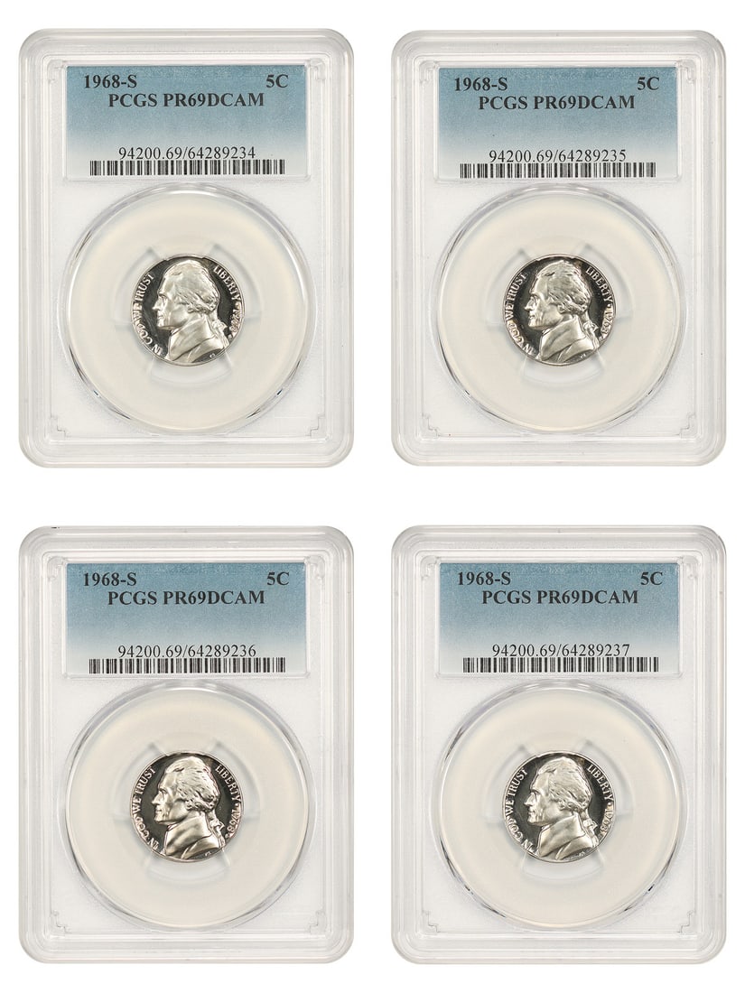 Lot of: 1968-S 5C PCGS PR69DCAM (4 Coins) - Jefferson Nickel: Lot of: 1968-S 5C PCGS PR69DCAM (4 Coins) - Jefferson Nickel 1968-S 5C PCGS PR69DCAM (4 Coins) - Jefferson Nickel. This lot includes four uncirculated 1968-S Jefferson Nickels, certified by PCGS as PR