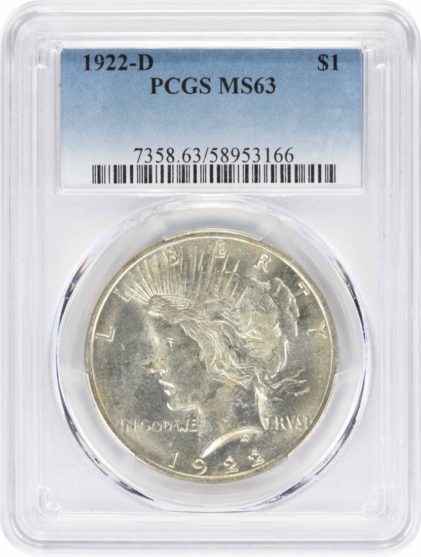 Peace Silver Dollar MS63 1922 PCGS: Peace Silver Dollar MS63 1922 PCGS MS63 certified Peace Silver Dollar from 1922, showcasing its exceptional condition and detailed design, features the iconic portrait of Lady Peace, designed by Antho