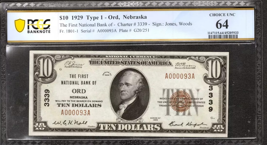 1929 $10 FIRST NATIONAL BANKNOTE CURRENCY ORD NEBRASKA PCGS 64 CHOICE UNC (093A): 1929 $10 FIRST NATIONAL BANKNOTE CURRENCY ORD NEBRASKA PCGS 64 CHOICE UNC (093A) Item Specifics: Certification: PCGS Grade: 64 Series Year: 1929 Year: 1929 Circulated/Uncirculated: Circulated Country: