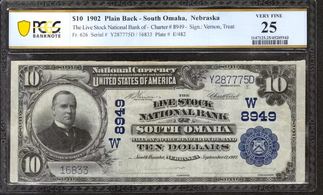 LIVE STOCK 1902 $10 CURRENCY PCGS 25 VF NEBRASKA OMAHA BANKNOTE NATIONAL: LIVE STOCK 1902 $10 CURRENCY PCGS 25 VF NEBRASKA OMAHA BANKNOTE NATIONAL The 1902 $10 Nebraska Omaha Banknote, graded 25 by PCGS, is a circulated example from the Third Charter Period. This note bears