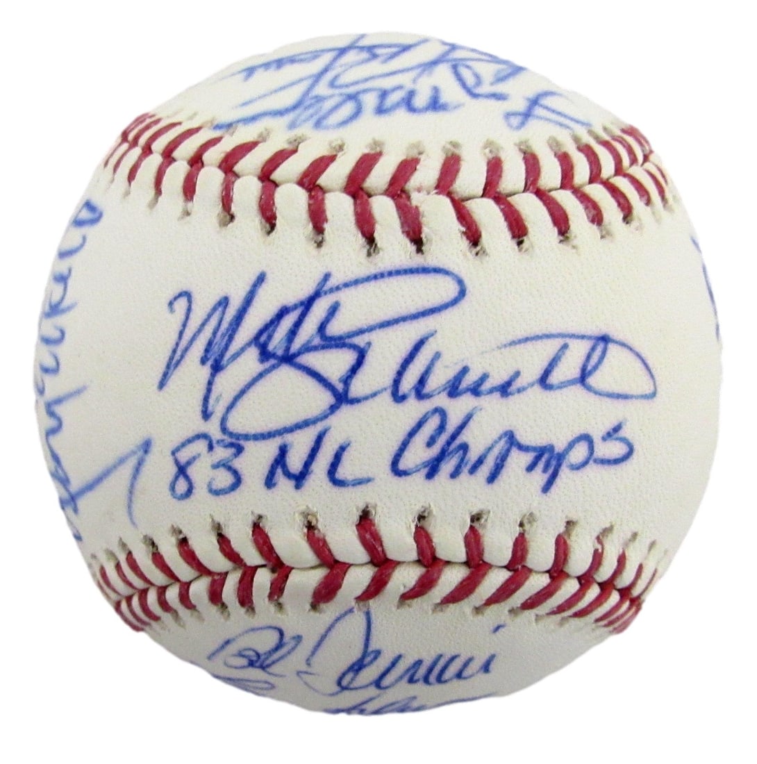 Champs Phillies Team Signed 1983 NL OML Baseball Rose Schmidt HOF: Champs Phillies Team Signed 1983 NL OML Baseball Rose Schmidt HOF The 1983 NL OML Baseball, signed by Rose Schmidt, is a unique piece of baseball history, bearing the signature of a legendary player. 