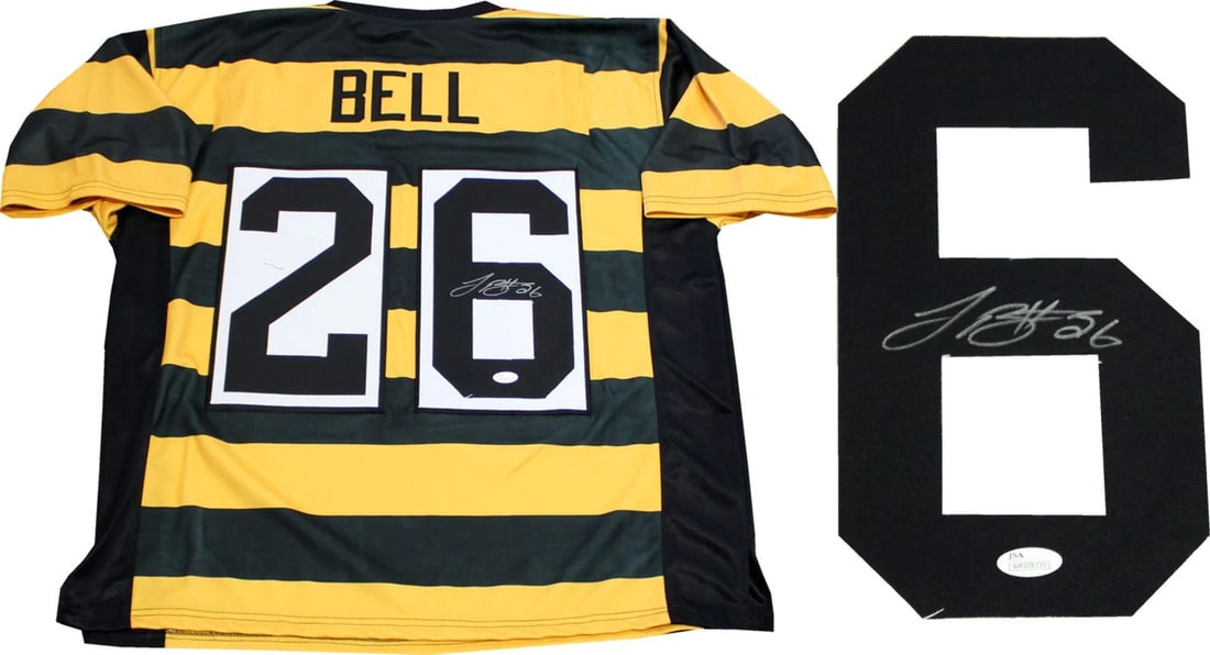 Bell Leveon Autographed Steelers Pittsburgh Throwback Jersey JSA: Bell Leveon Autographed Steelers Pittsburgh Throwback Jersey JSA Authentic Leveon Bell Autographed Steelers Pittsburgh Throwback Jersey. This James Spence Authentication (JSA) signed throwback jersey 