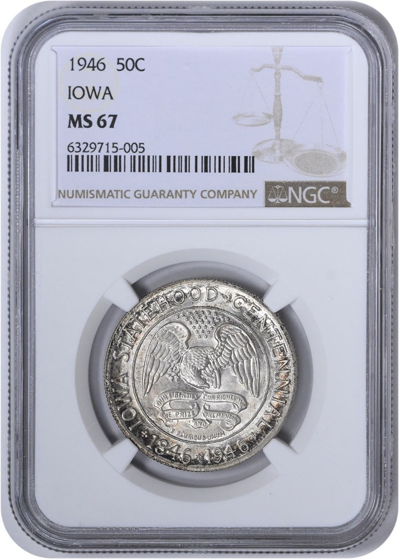 Silver Half Dollar 1946 MS67 NGC Iowa: Silver Half Dollar 1946 MS67 NGC Iowa The 1946 Silver Half Dollar MS67 NGC Iowa is a highly detailed and well-crafted coin, boasting a reeded edge and a diameter of 30.60 millimeters. Certified by the