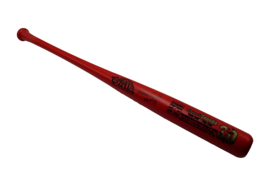 Orlando Cepeda HOF Signed/ Inscribed Red Cooperstown NBHOF Bat Giants JSA 196250: Orlando Cepeda HOF Signed/ Inscribed Red Cooperstown NBHOF Bat Giants JSA 196250 Signed by Hall of Famer Orlando Cepeda, this rare 1960s-era Red Cooperstown National Baseball Hall of Fame Bat features