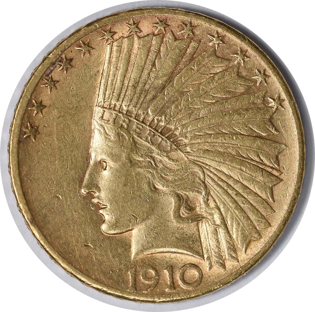 $10 Gold Indian Uncertified 1910-S AU: $10 Gold Indian Uncertified 1910-S AU This 1910-S $10 Gold Indian features a stunning design by Augustus Saint Gaudens, with a raised star edge that adds to its unique charm. The coin's 90% gold compo