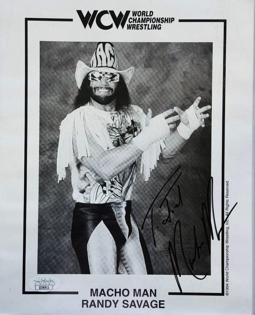 Savage Randy Autographed Wrestling Photo 8x10 JSA: Savage Randy Autographed Wrestling Photo 8x10 JSA Signed in black sharpie and inscribed "To Joel" by Randy Savage, this 8x10 wrestling photo is a unique piece of memorabilia. The photo, verified by Ja