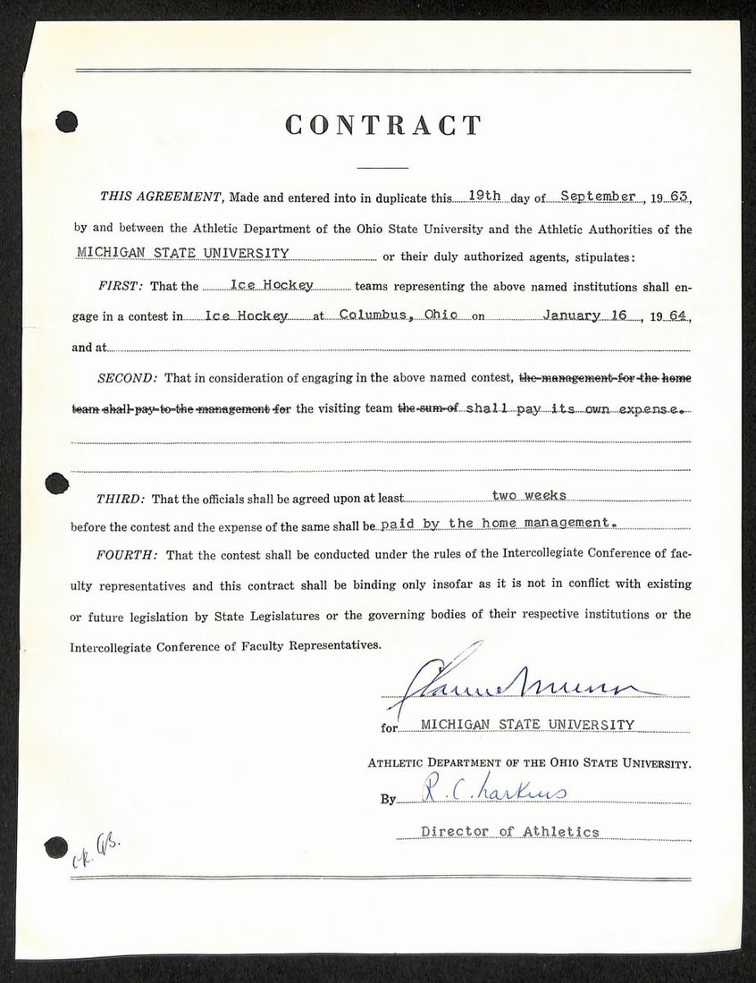 Biggie Munn HOF Michigan State Head Coach Signed/ Auto Contract JSA BA199636: Biggie Munn HOF Michigan State Head Coach Signed/ Auto Contract JSA BA199636 Biggie Munn HOF Michigan State Head Coach Signed Auto Contract JSA. This authentic autographed contract features a signatur