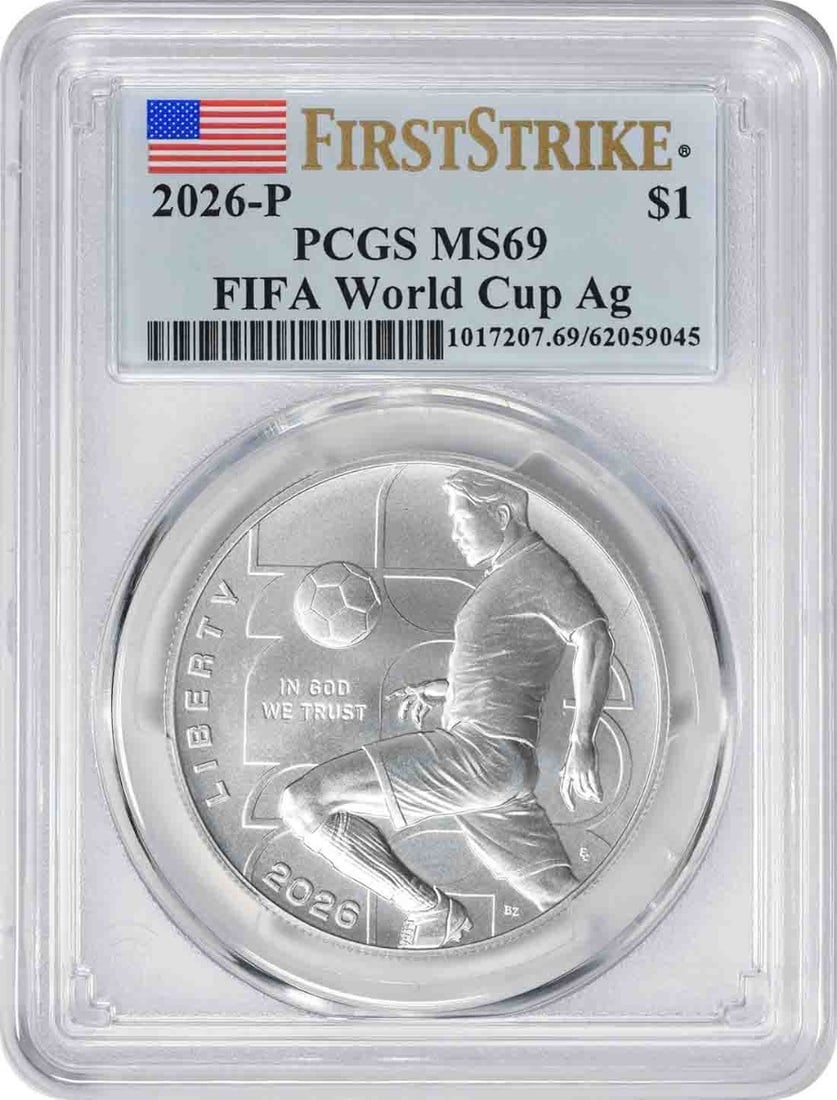 2026-P FIFA World Cup Commemorative Silver Dollar MS69 First Strike PCGS: 2026-P FIFA World Cup Commemorative Silver Dollar MS69 First Strike PCGS The 2026-P FIFA World Cup Commemorative Silver Dollar is a highly sought-after collectible, graded MS69 First Strike by PCGS. T