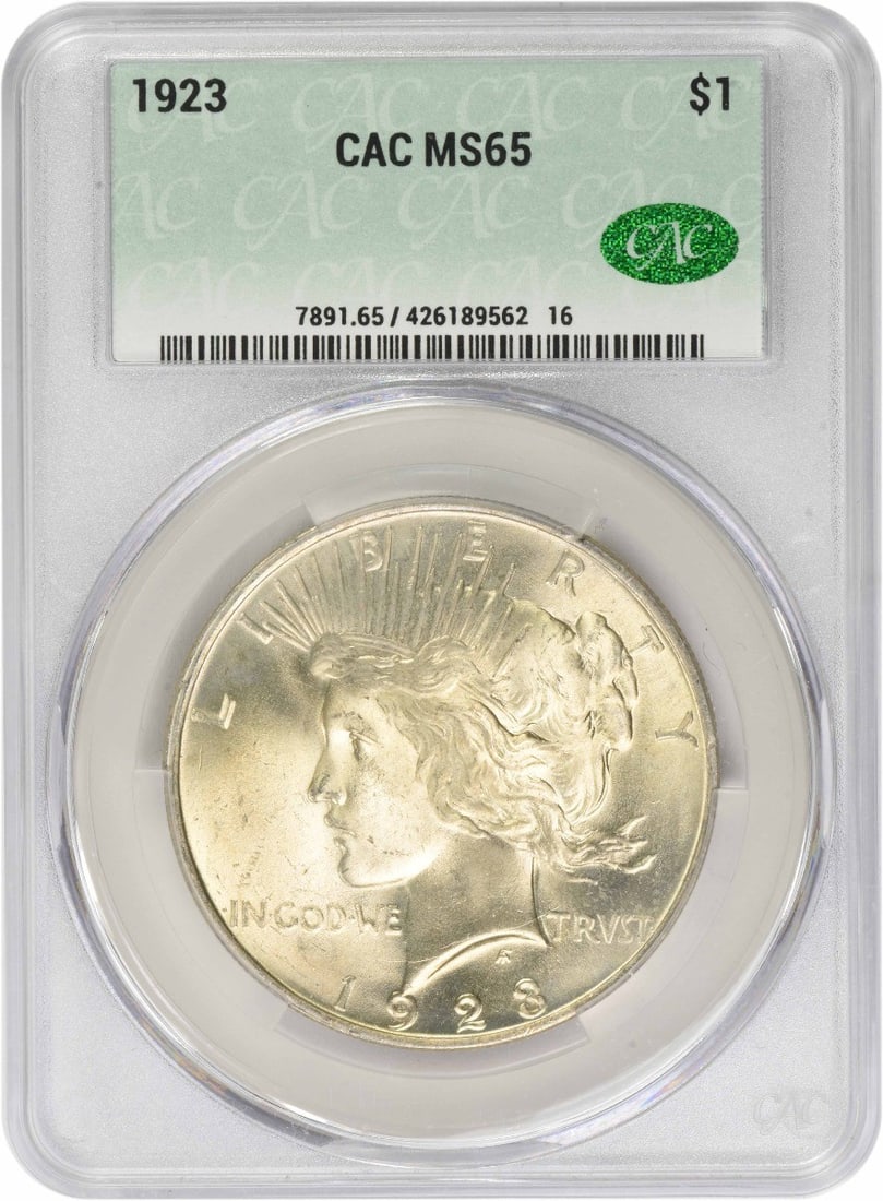 Silver MS65 CACG 1923 Peace Dollar: Silver MS65 CACG 1923 Peace Dollar The 1923 Peace Dollar is a stunning example of American numismatics, boasting an MS65 grade and a CACG Circulated/Uncirculated certification. With its 90% silver com
