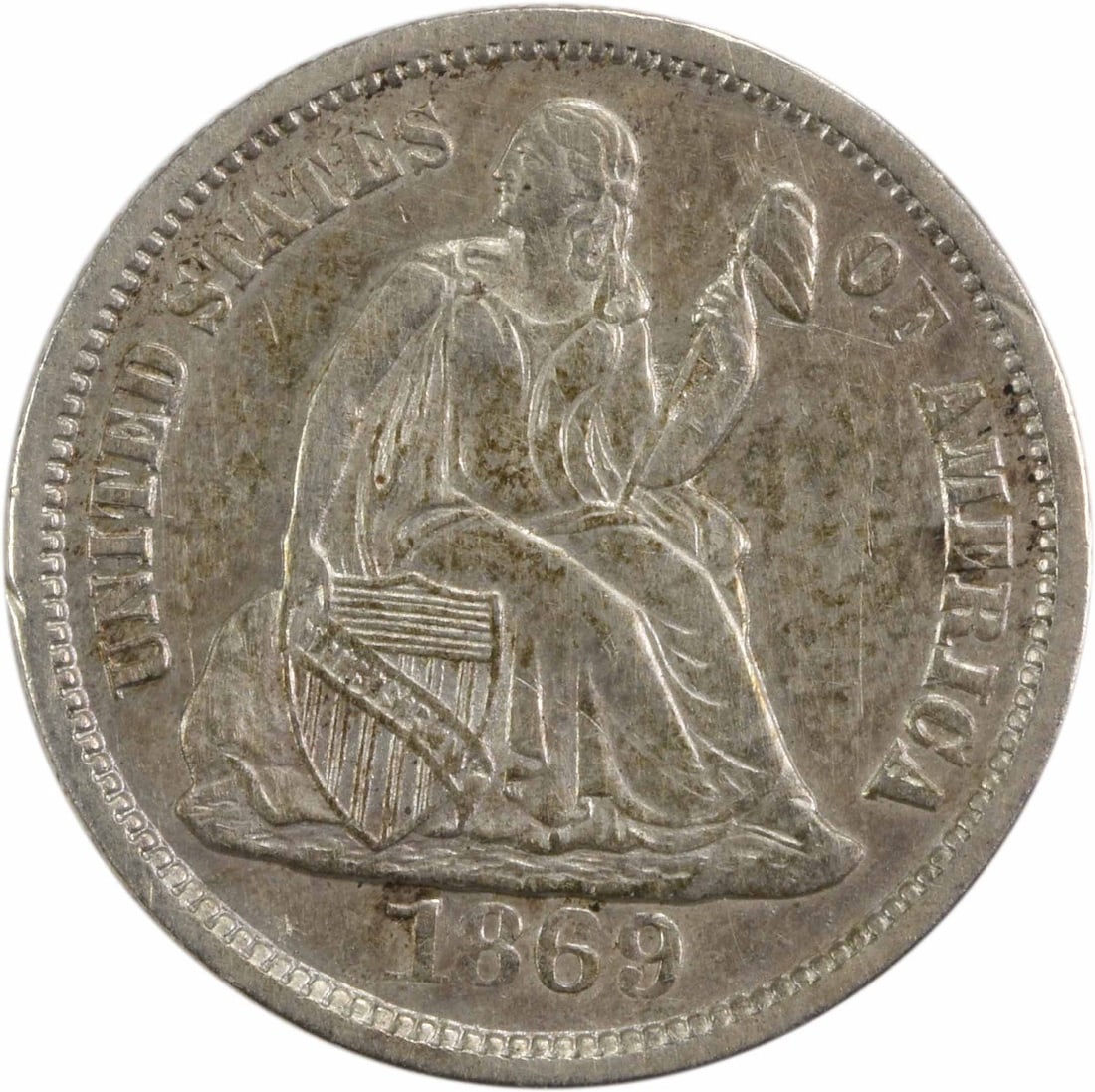 Silver Dime Liberty Seated 1869 AU Uncertified: Silver Dime Liberty Seated 1869 AU Uncertified The 1869 Silver Dime features a classic design by Christian Gobrecht, with Seated Liberty taking center stage. This circulated coin, certified as AU, boa