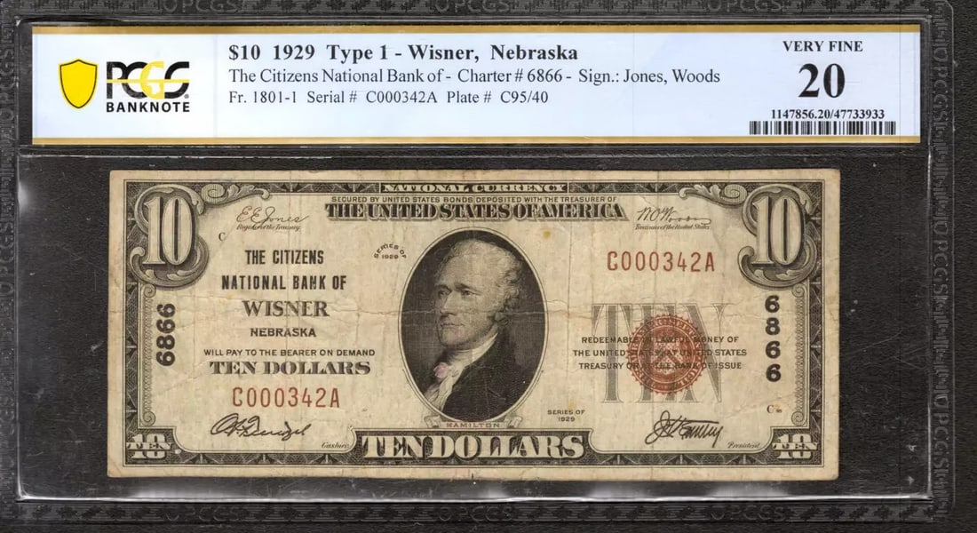 1929 $10 CITIZENS NATIONAL BANKNOTE CURRENCY WISNER NEBRASKA PCGS 20 VF (342A): 1929 $10 CITIZENS NATIONAL BANKNOTE CURRENCY WISNER NEBRASKA PCGS 20 VF (342A) The 1929 $10 Citizens National Banknote, graded 20 VF by PCGS, is a circulated example from the 342A series. This note be