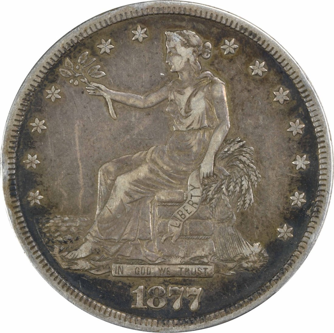 Trade Silver Dollar EF Uncertified 1877-S: Trade Silver Dollar EF Uncertified 1877-S EF Uncertified 1877-S Trade Dollar - A Rare Silver Dollar from the San Francisco Mint. This 1877-S Trade Dollar is made of 90% silver and 10% copper, with a d