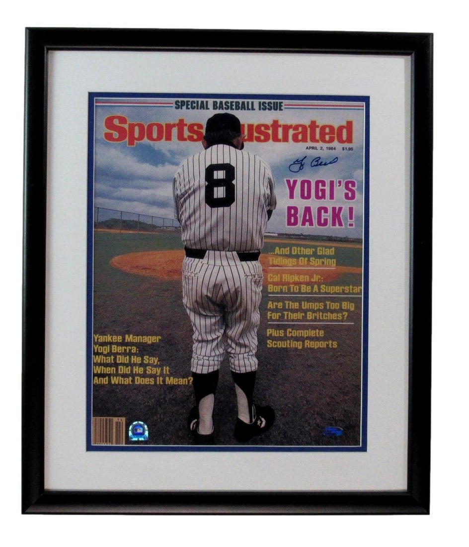 Yogi Berra HOF Autographed 1984 Magazine Cover Framed Yankees Sports Illustrated: Yogi Berra HOF Autographed 1984 Magazine Cover Framed Yankees Sports Illustrated Original 1984 Sports Illustrated magazine cover featuring Yogi Berra, framed and autographed by the legendary baseball 