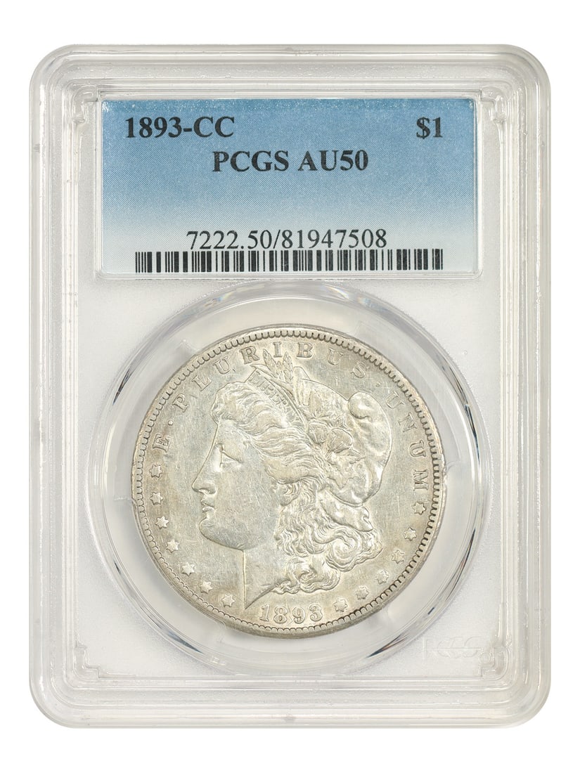 1893-CC $1 PCGS AU50 - Morgan Dollar - Very Scarce CC-Mint Dollar: 1893-CC $1 PCGS AU50 - Morgan Dollar - Very Scarce CC-Mint Dollar The 1893-CC $1 PCGS AU50 is a scarce and highly sought-after Morgan Dollar, bearing the distinctive "CC" mint mark of Carson City. Cer