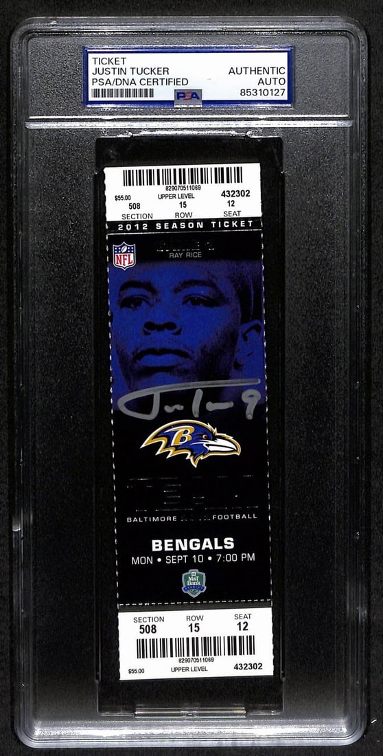 Justin Tucker Rookie Signed 2012 Full Ticket Ravens vs. Bengals PSA/ DNA 190599: Justin Tucker Rookie Signed 2012 Full Ticket Ravens vs. Bengals PSA/ DNA 190599 PSA/DNA authenticated, this 2012 full ticket stub from the Ravens vs. Bengals game features the signature of Justin Tuck