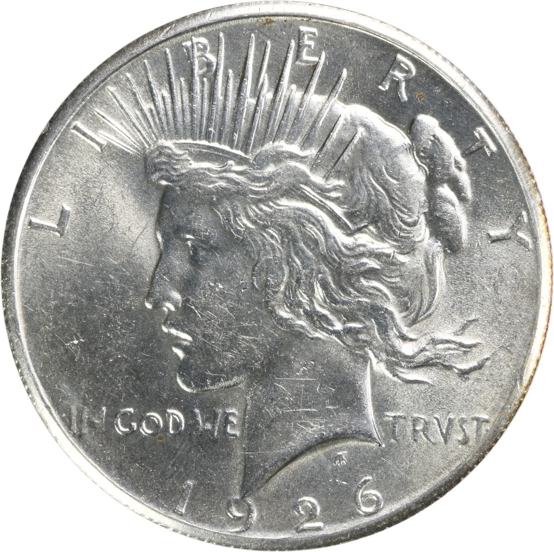 Silver Peace Dollar BU Choice 1926 Uncertified: Silver Peace Dollar BU Choice 1926 Uncertified The 1926 Silver Peace Dollar is a highly sought-after coin, featuring a stunning design with a serene image of Lady Liberty on the obverse and a depictio