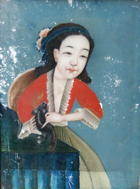 Antique Japanese Glass Painting Woman Holding Chin Dog Garasu e Framed Art: Antique Japanese Glass Painting Woman Holding Chin Dog Garasu e Framed Art Item Specifics: Subject: Woman holding a Japanese Chin dog Material: Glass pigment wood frame Style: Japanese Year Of Product