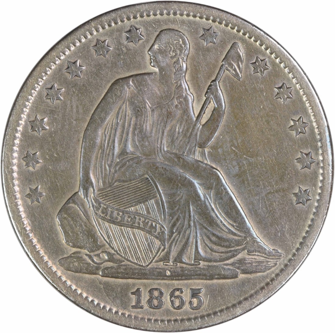 Silver Half Dollar 1865 Seated Liberty Uncertified: Silver Half Dollar 1865 Seated Liberty Uncertified The 1865 Seated Liberty Half Dollar is a stunning example of American numismatics, featuring the iconic Seated Liberty design by Thomas Sully and Chr