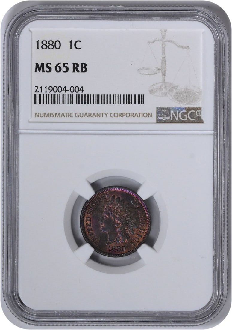 Indian Cent MS65RB NGC: Indian Cent MS65RB NGC MS65RB NGC certified 1880 Indian Cent is a high-grade example of this copper coin, boasting a strong 65 grade from the Numismatic Guaranty Corporation. Its uncirculated conditio