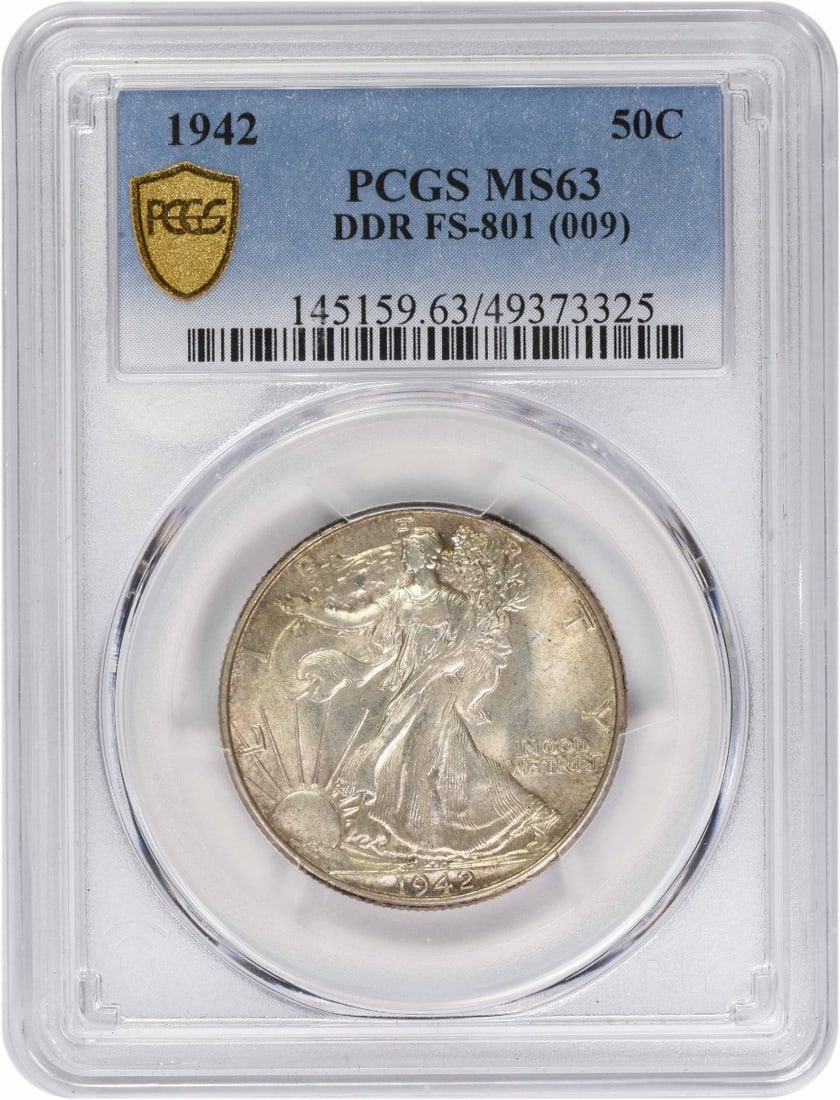 1942 Walking Liberty Silver Half Dollar DDR FS-801 MS63 PCGS: 1942 Walking Liberty Silver Half Dollar DDR FS-801 MS63 PCGS The 1942 Walking Liberty Silver Half Dollar is a stunning example of American numismatics, featuring the iconic design of Adolph Alexander 