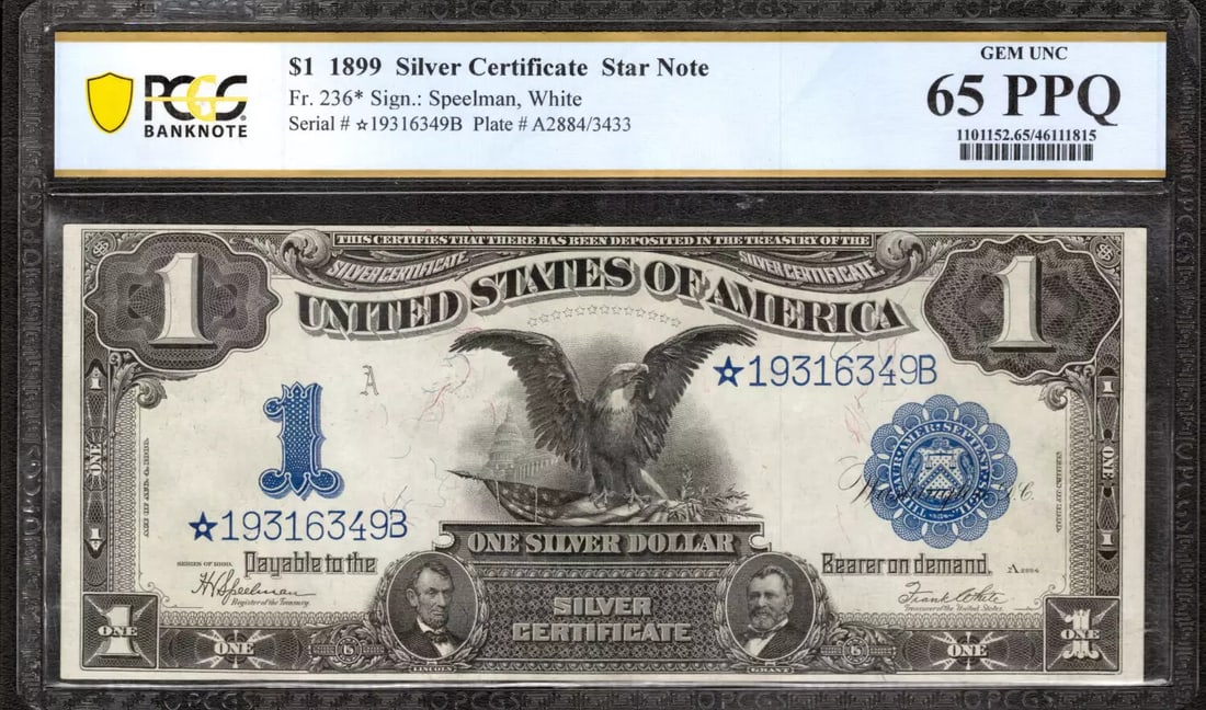 1899 $1 SILVER CERTIFICATE STAR NOTE FR.236* BLACK EAGLE PCGS GEM TOP POP (349B): 1899 $1 SILVER CERTIFICATE STAR NOTE FR.236* BLACK EAGLE PCGS GEM TOP POP (349B) The 1899 $1 Silver Certificate Star Note, graded PCGS GEM Top Pop (349B), is a highly sought-after collector's item.