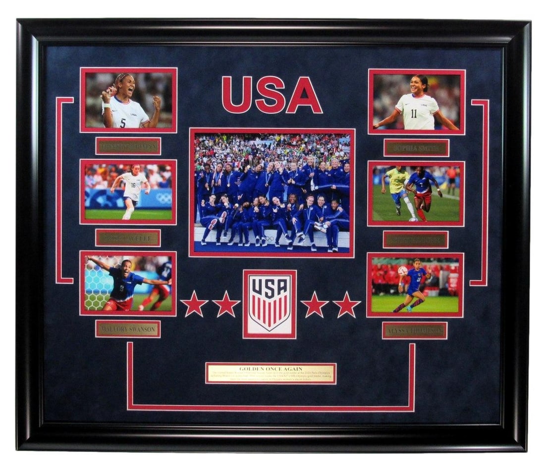 US Women's Champions Soccer Paris Olympic 2024 Photo Framed Collage: US Women's Champions Soccer Paris Olympic 2024 Photo Framed Collage Original photo collage of the US Women's Champions Soccer team from the Paris Olympic 2024, expertly framed to preserve the moment.