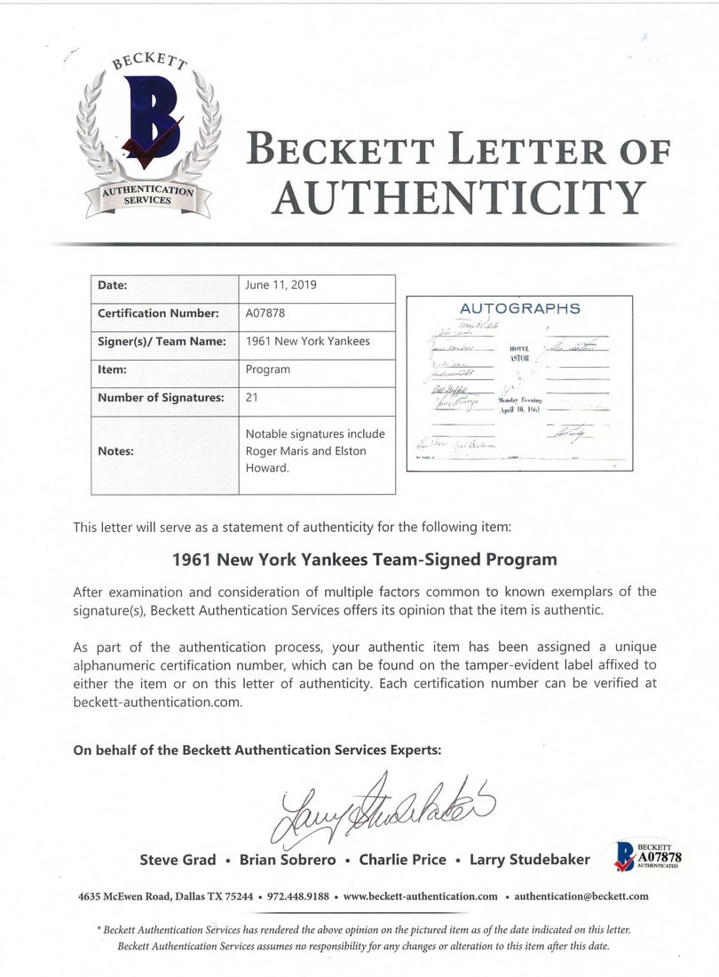 BAS Beckett 191779 1961 Yankees Program Autographed Maris Roger - 3