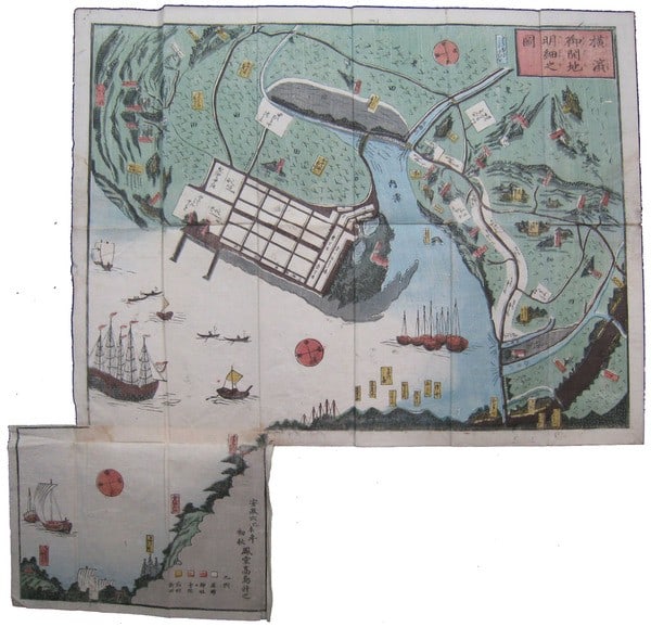 Japanese Woodblock Print Yokohama Port Opening Ansei Era 1859: Japanese Woodblock Print Yokohama Port Opening Ansei Era 1859 Item Specifics: Artist: Takashima Keishi Subject: Yokohama Port Map Material: Paper Woodblock Print Style: Japanese Size: 37 x 48 cm Year 