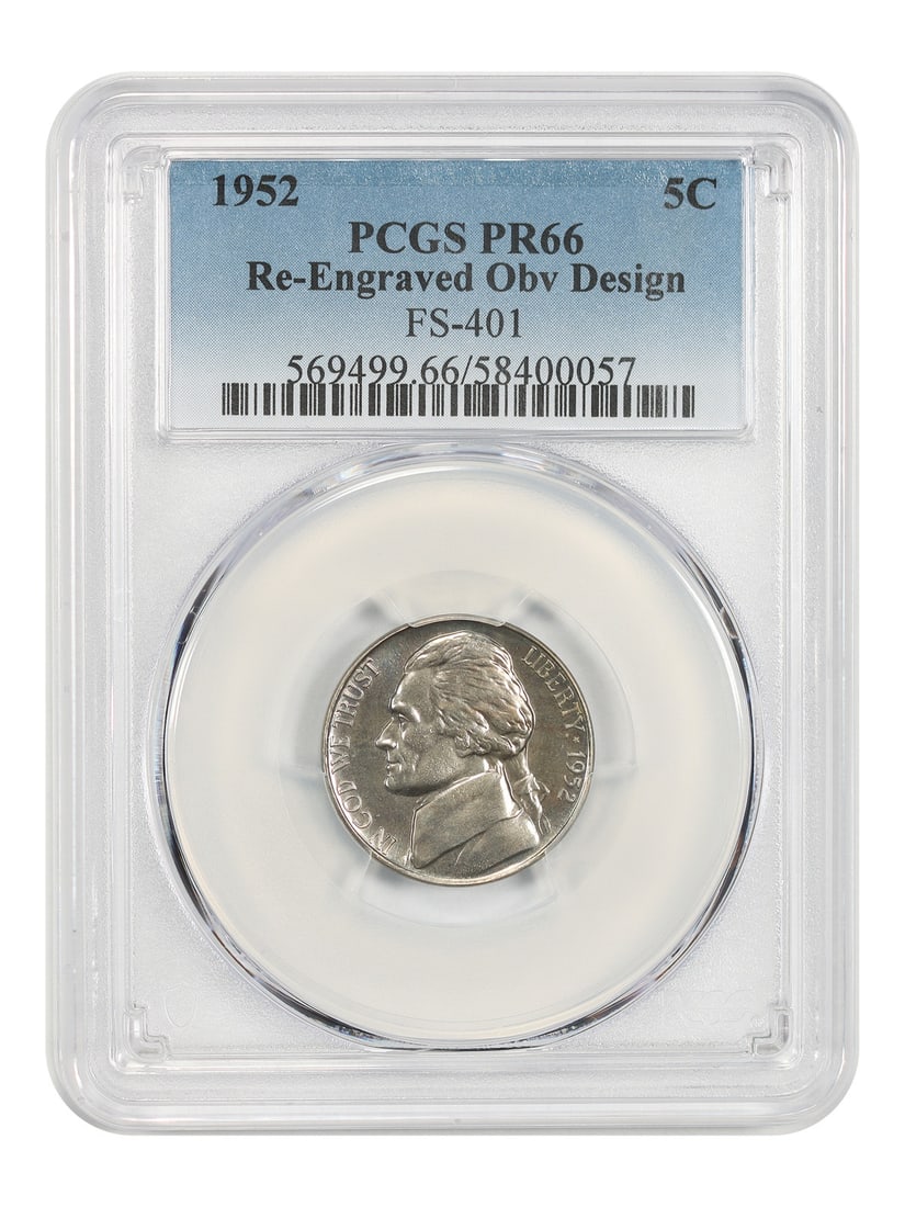1952 5C PCGS PR66 (Re-Engraved Obv Design, FS-401) - Jefferson Nickel: 1952 5C PCGS PR66 (Re-Engraved Obv Design, FS-401) - Jefferson Nickel The 1952 5C PCGS PR66 Jefferson Nickel boasts a stunning re-engraved obverse design, a notable feature of the FS-401 series. This 