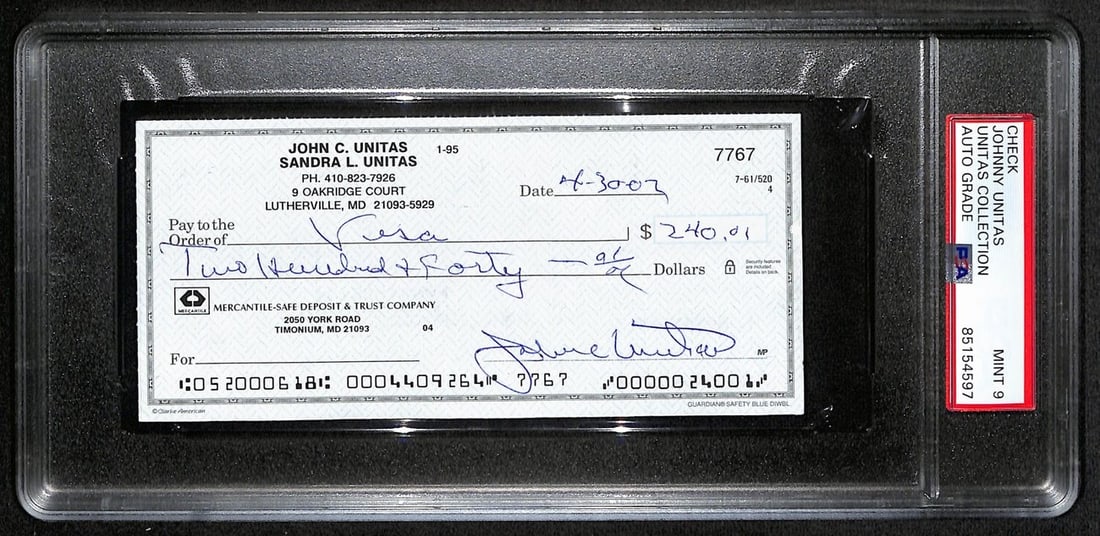 Unitas Johnny Signed Check 188678 PSA DNA MINT 9 4 30: Unitas Johnny Signed Check 188678 PSA DNA MINT 9 4 30 Item Specifics: Productname: Johnny Unitas Signed 4/30/02 Check PSA/DNA MINT 9 188678 Original/Reprint: Original Player: Johnny Unitas Product: Ch