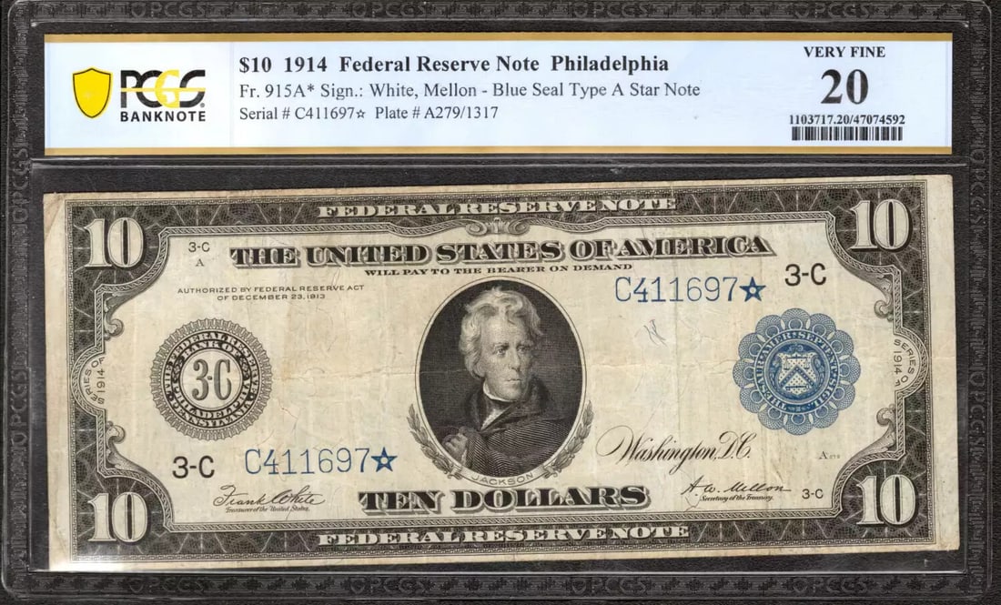 1914 $10 FEDERAL RESERVE STAR NOTE FR.915a* PHILADELPHIA PCGS 20 VERY FINE (697*: 1914 $10 FEDERAL RESERVE STAR NOTE FR.915a* PHILADELPHIA PCGS 20 VERY FINE (697* The 1914 $10 Federal Reserve Star Note, graded 20 Very Fine by PCGS, is a rare and historic example of circulated curre