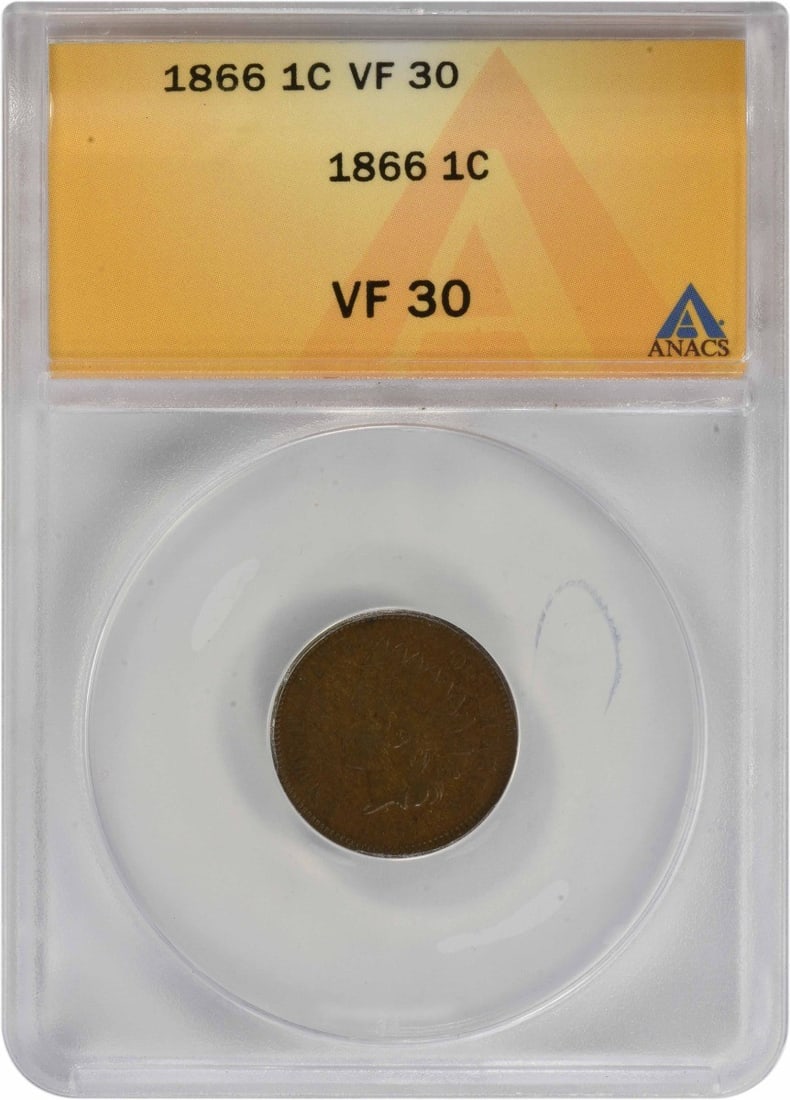 Indian Cent VF30 ANACS: Indian Cent VF30 ANACS The 1866 Indian Cent, graded VF30 by ANACS, is a circulated example of this copper small cent, featuring a notable grade and a km number of 90a. This coin bears the signature of