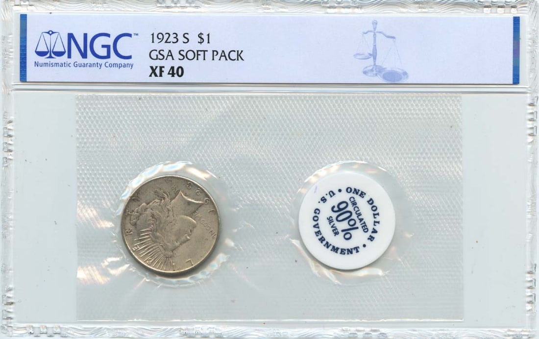 Peace Dollar S$1 1923-S GSA SOFT PACK NGC XF40: Peace Dollar S$1 1923-S GSA SOFT PACK NGC XF40 1923-S Peace Dollar in XF40 condition, certified by the NGC, showcases a high level of detail and luster in its soft pack packaging. This circulated coin