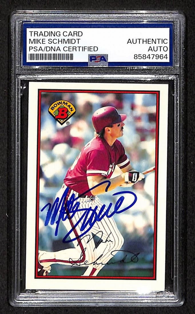Mike Schmidt 1989 Bowman Tiffany Signed PSA DNA 209387 Phillies HOF Card #402: Mike Schmidt 1989 Bowman Tiffany Signed PSA DNA 209387 Phillies HOF Card #402 Tiffany signed by Mike Schmidt, one of the most iconic players in Phillies history, on a 1989 Bowman card. This PSA DNA 9 