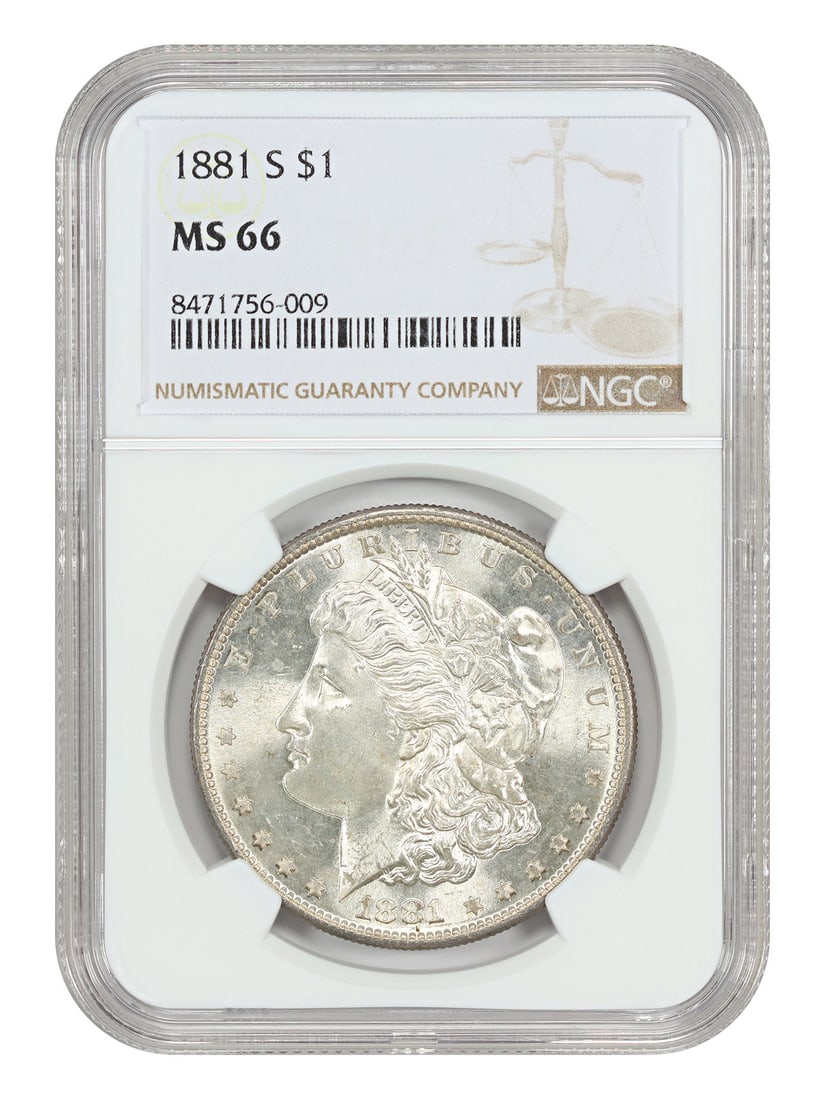Morgan Dollar 1881-S $1 MS66 NGC: Morgan Dollar 1881-S $1 MS66 NGC 1881-S Morgan Dollar, a rare and highly sought-after coin, boasts a stunning MS66 grade from the NGC, indicating exceptional condition and quality. This uncirculated c