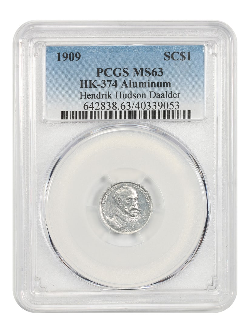 So-Called Dollar: 1909 SC$1 Hendrik Hudson Daalder PCGS MS63 (HK-374, Aluminum): So-Called Dollar: 1909 SC$1 Hendrik Hudson Daalder PCGS MS63 (HK-374, Aluminum) The 1909 SC$1 Hendrik Hudson Daalder is a highly detailed and accurate representation of a rare coin. This aluminum coin