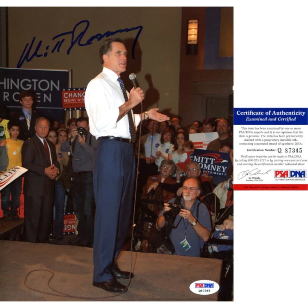 Mitt Romney Autographed Photo: Mitt Romney Autographed Photo Mitt Romney's 8x10 photo bears his signature, a notable feature of this item. The photo is a representation of the Republican Representative for the next President of the