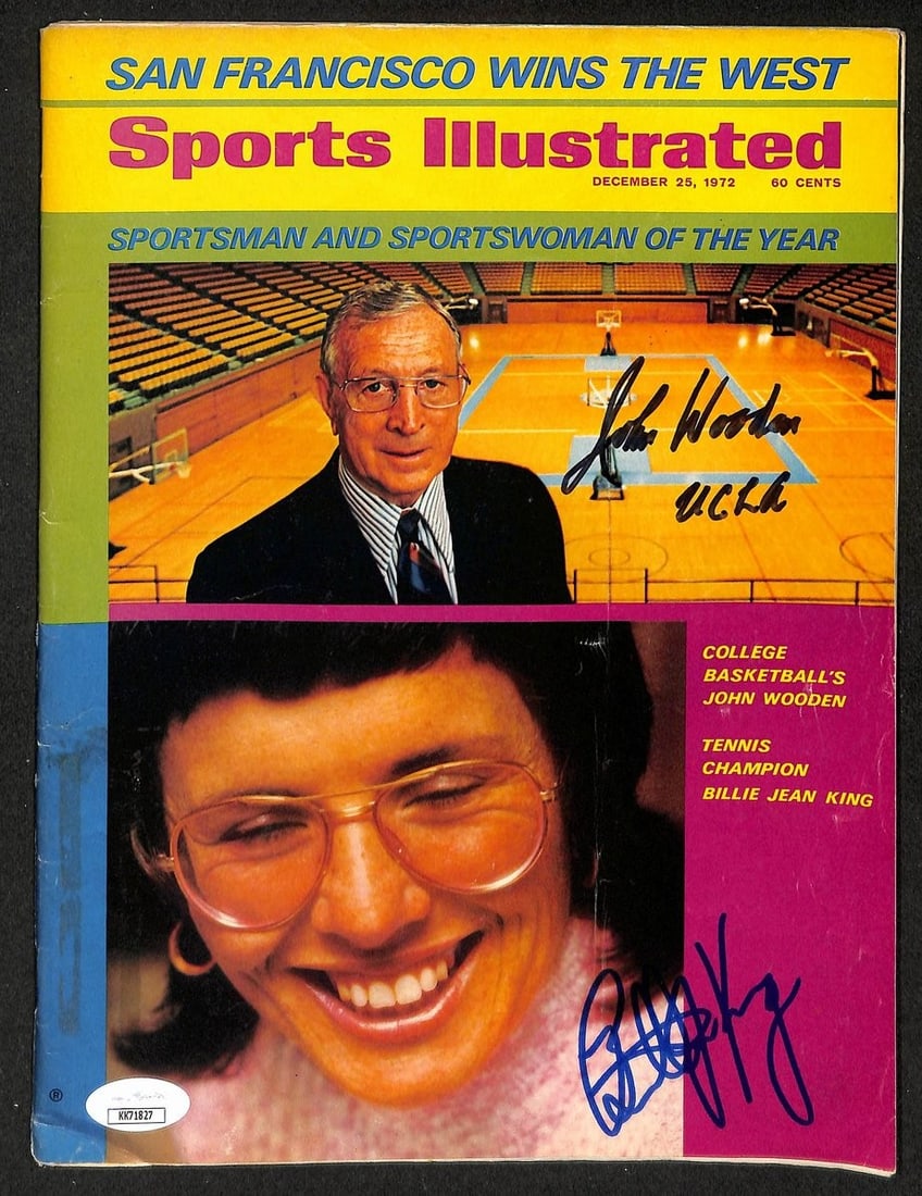UCLA 1972 Sports Illustrated Signed By Billie Jean King John Wooden JSA 212977: UCLA 1972 Sports Illustrated Signed By Billie Jean King John Wooden JSA 212977 Signed by Billie Jean King and John Wooden, this 1972 Sports Illustrated photo features a rare moment in sports history. 