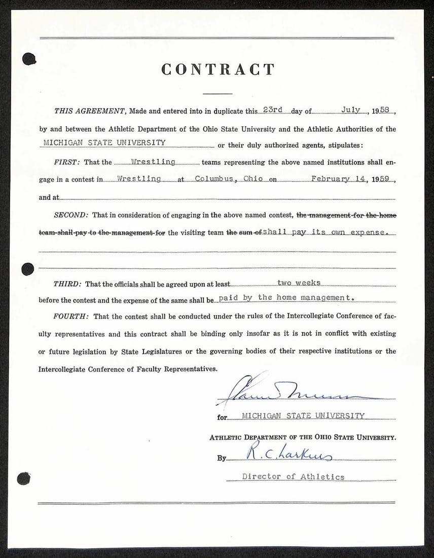 Biggie Munn HOF Michigan State Head Coach Signed/ Auto Contract JSA BA199664: Biggie Munn HOF Michigan State Head Coach Signed/ Auto Contract JSA BA199664 Signed by a legendary Michigan State Head Coach, this Biggie Munn HOF signed auto contract is a must-have for football coll