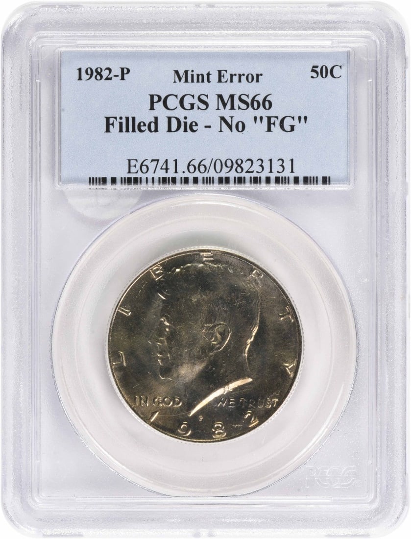1982-P Kennedy Half Dollar Filled Die - No FG (FS-901) MS66 PCGS: 1982-P Kennedy Half Dollar Filled Die - No FG (FS-901) MS66 PCGS 1982-P Kennedy Half Dollar Filled Die - No FG (FS-901) MS66 PCGS, a highly detailed and circulated specimen of the iconic Kennedy Half 