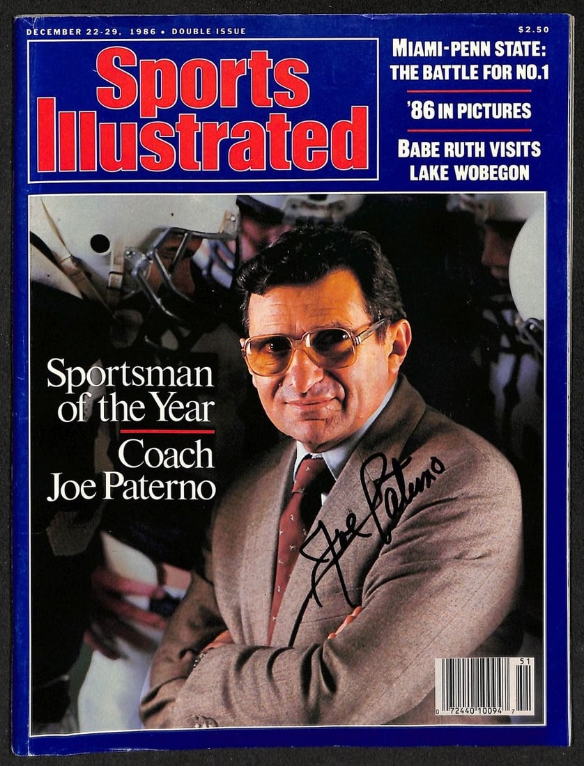 Paterno Signed Sports Illustrated Joe 212937 JSA Newsstand PSU 1986: Paterno Signed Sports Illustrated Joe 212937 JSA Newsstand PSU 1986 Signed by Joe Paterno, the legendary Penn State football coach, this 1986 Sports Illustrated newsstand cover features a photo of