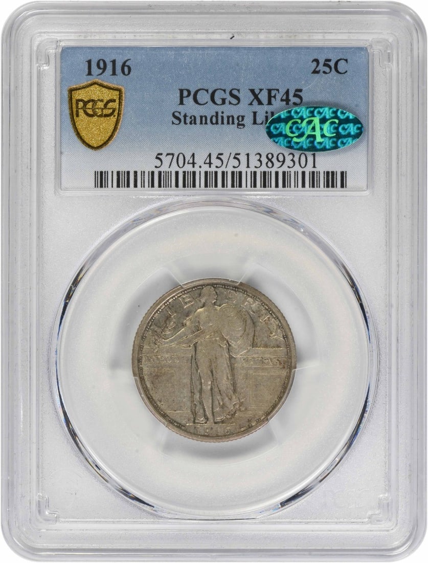 1916 Standing Liberty Silver Quarter EF45 PCGS (CAC): 1916 Standing Liberty Silver Quarter EF45 PCGS (CAC) The 1916 Standing Liberty Silver Quarter EF45 PCGS is a well-crafted circulated coin featuring the iconic Standing Liberty design, showcasing its s