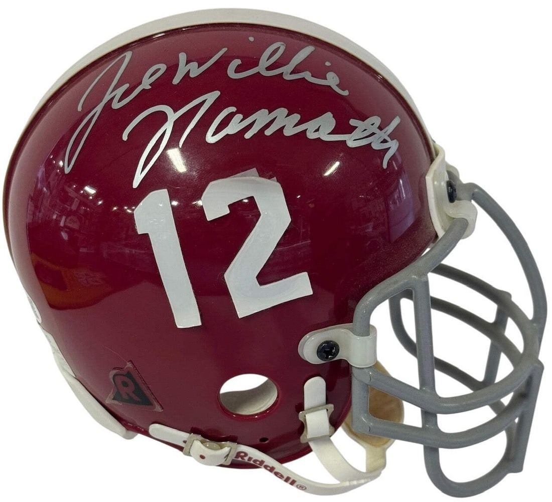 Joe Willie Namath Autographed Mini Alabama Helmet JSA: Joe Willie Namath Autographed Mini Alabama Helmet JSA Signed in silver paint pen on the side of the helmet, this Joe Willie Namath Autographed Mini Alabama Helmet bears a notable signature. The James 