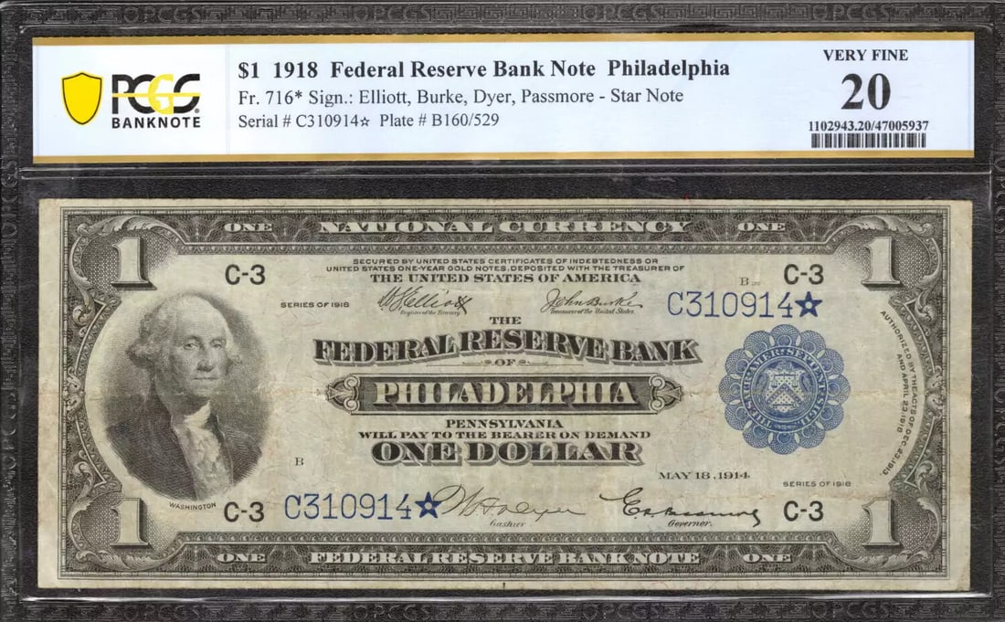 STAR 20 VF PCGS 1918 $1 FR PHILADELPHIA NATIONAL BANKNOTE CURRENCY: STAR 20 VF PCGS 1918 $1 FR PHILADELPHIA NATIONAL BANKNOTE CURRENCY PCGS 20 VF 1918 $1 FR Philadelphia National Banknote Currency, featuring a circulated condition and a unique serial number C310914*. 