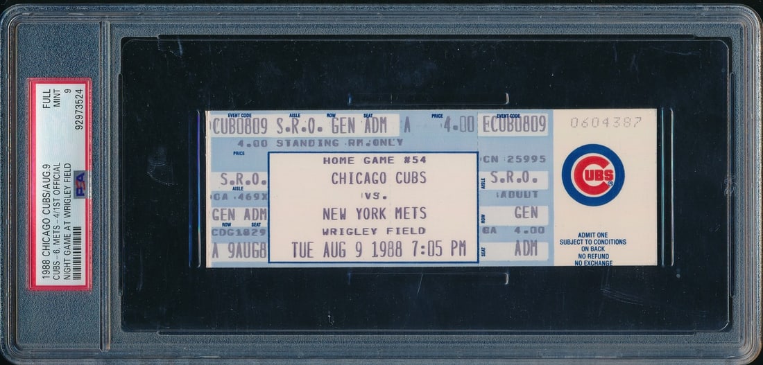 Stub Cubs PSA 9 1988 August Mets Night Game 1st Wrigley (1 of 2)