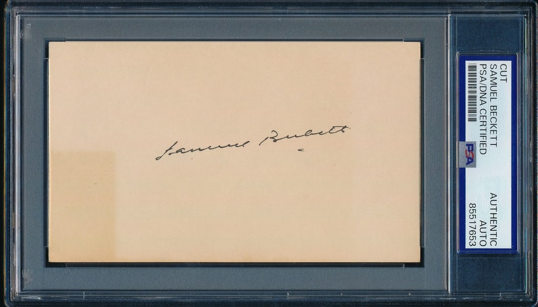Samuel Beckett Signed/ Auto 3x5 Cut Card Irish Poet Novelist PSA/ DNA 200205: Samuel Beckett Signed/ Auto 3x5 Cut Card Irish Poet Novelist PSA/ DNA 200205 Signed by Samuel Beckett, this 3x5 cut card features a notable work from the Irish poet and novelist. The card is a reprodu