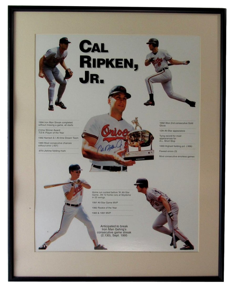 Signed Cal Ripken Jr Matted Poster Orioles Framed 18x24 IXL08: Signed Cal Ripken Jr Matted Poster Orioles Framed 18x24 IXL08 Signed by Cal Ripken Jr, this 18x24 matted poster of the Baltimore Orioles is a unique collectible for baseball fans. The original photo h