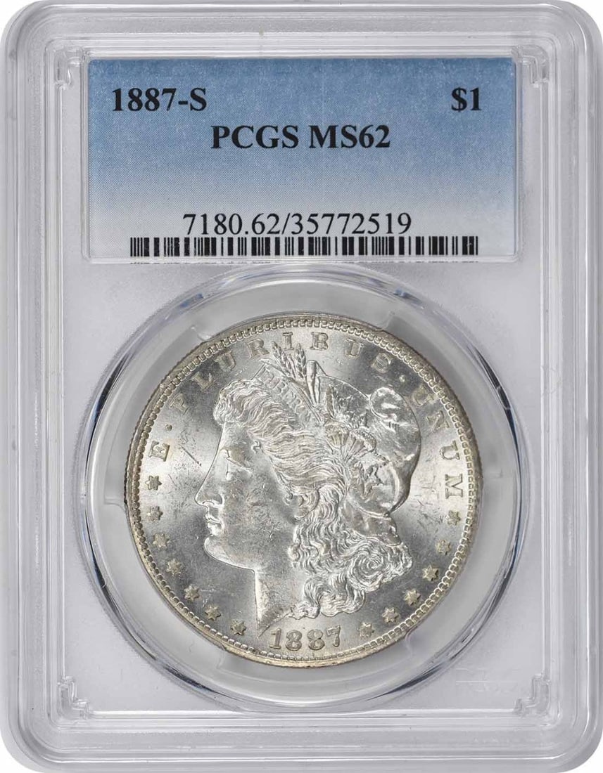 MS62 1887-S Morgan Silver Dollar PCGS: MS62 1887-S Morgan Silver Dollar PCGS MS62 1887-S Morgan Silver Dollar PCGS. This 1887-S Morgan Silver Dollar, certified by PCGS, boasts a striking MS62 grade, showcasing exceptional condition. With i