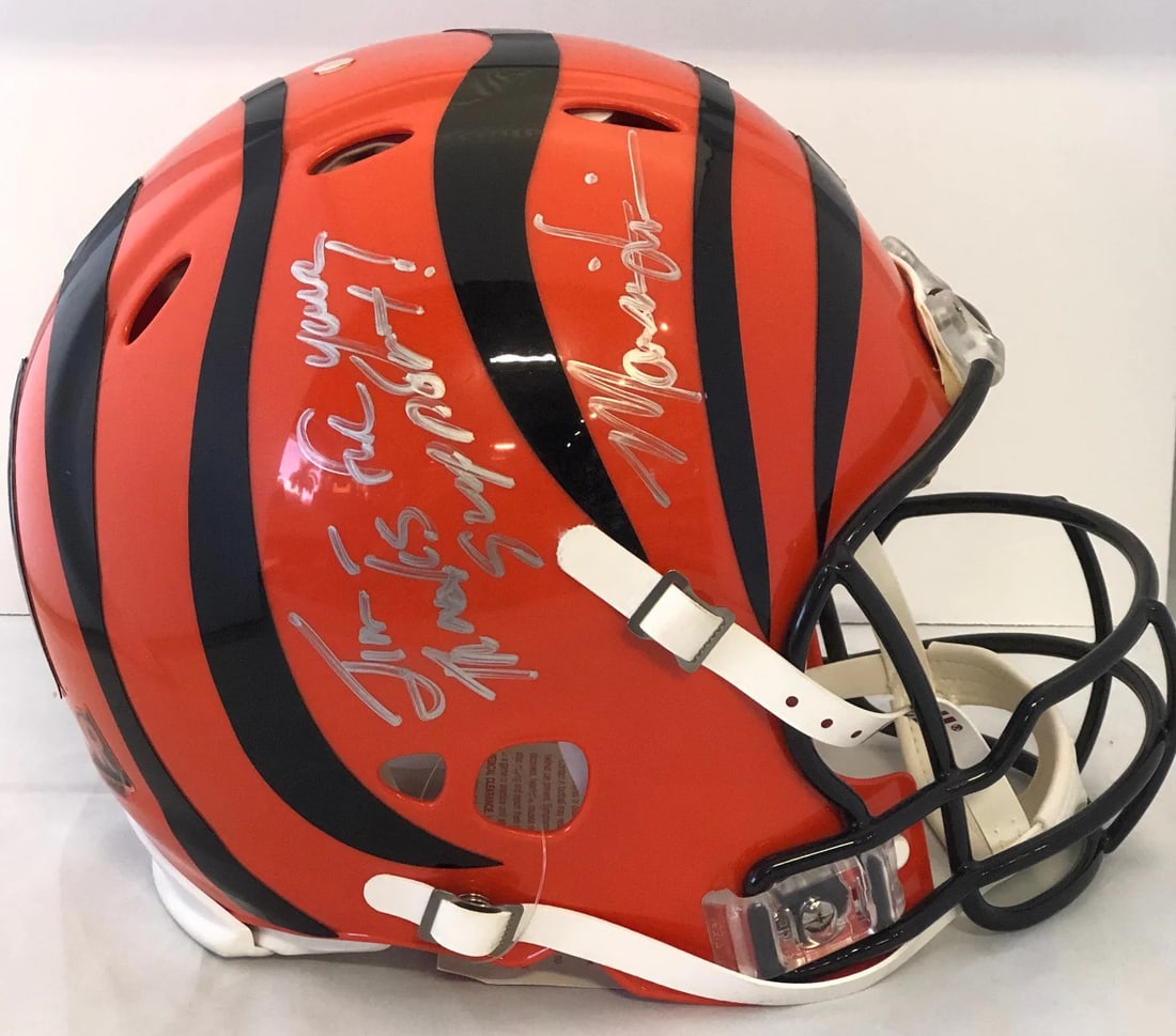 Lewis Autographed Marvin Helmet: Lewis Autographed Marvin Helmet Signed in silver sharpie across the side of the helmet, this Marvin Lewis Autographed Cincinnati Bengals Helmet is a unique piece of sports memorabilia, personalized wi